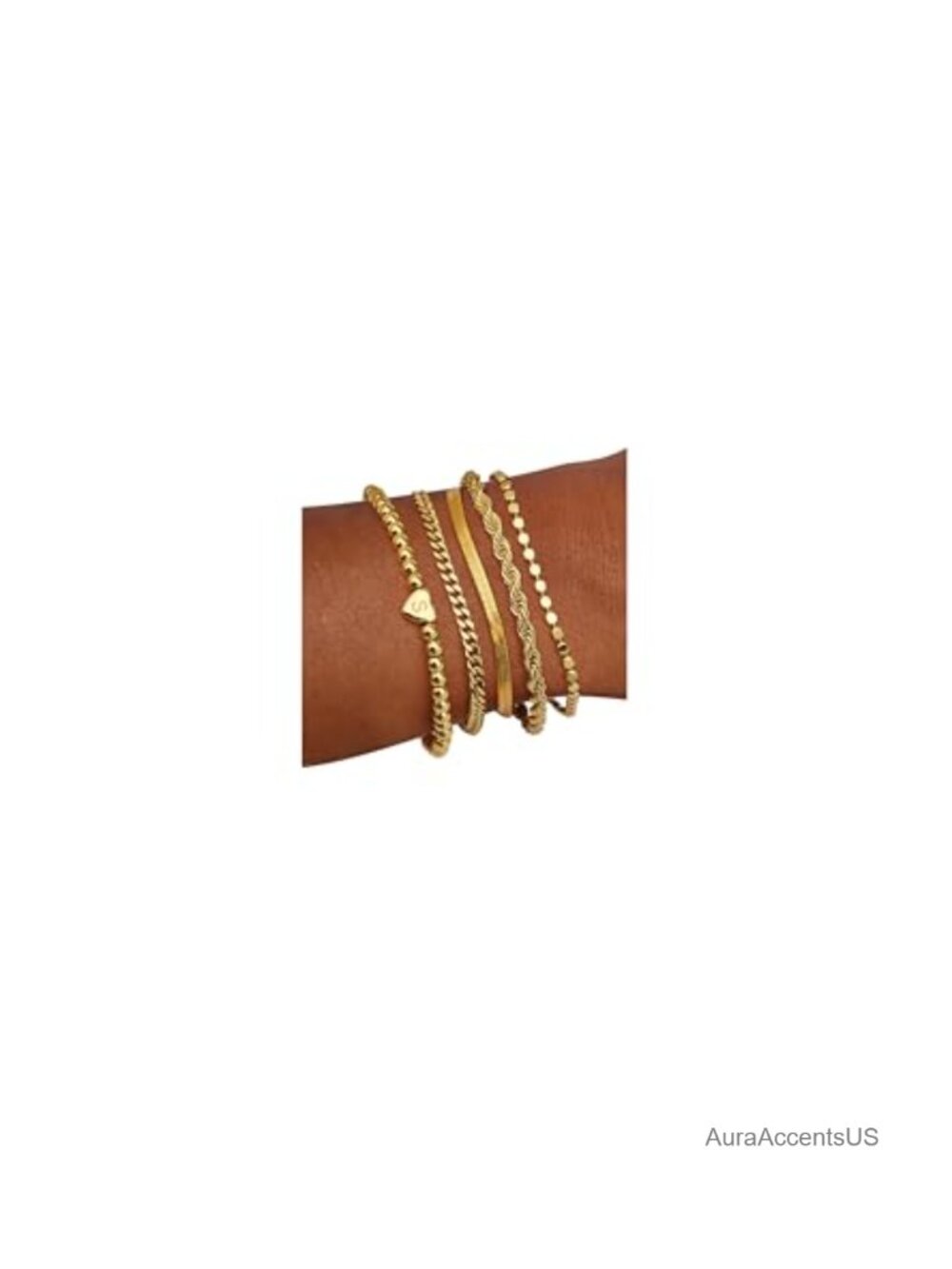 5 Layer Gold Bracelet Stack with Initial Charm - Waterproof Copper 33K Gold